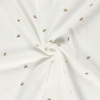 Tissu Double gaze de Coton Abeilles brodées sur fond Ecru - Par 10 cm
