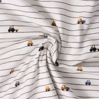 Tissu Jersey stretch camions Marceau sur fond Blanc - Par 10 cm
