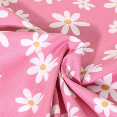 Tissu Popeline de Coton Marguerite blanches sur fond Rose bonbon - Par 10 cm