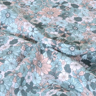 Tissu Popeline de Coton Fleurs bleues Lia sur fond Blanc - Par 10 cm