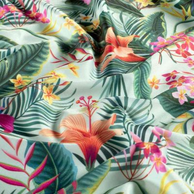 Tissu Lycra maillot de bain tropical Calypso sur fond Vert d&#039;eau - Par 10 cm