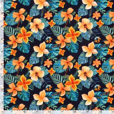 Tissu Lycra maillot de bain  fleurs Tropicaz sur fond Bleu marine - Par 10 cm
