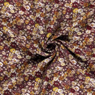 Tissu Crêpe de Viscose Bérengère fleurs Blanches sur fond Aubergine - Par 10 cm