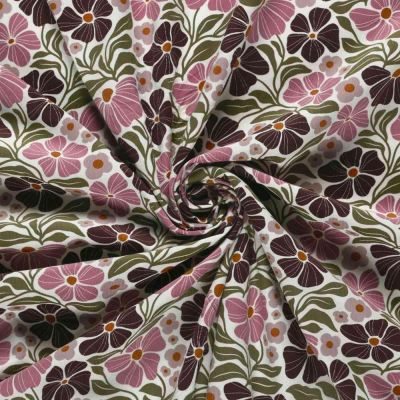 Tissu Jersey Coton Bord Côte Fleurs roses et olives sur fond Blanc cassé - Par 10 cm