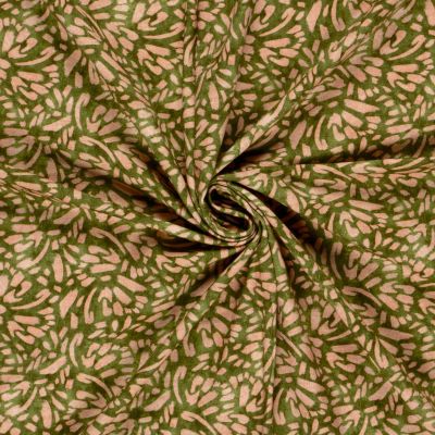 Tissu Sweat léger French Terry Margot extensible feuilles Kaki sur fond Ecru - Par 10 cm