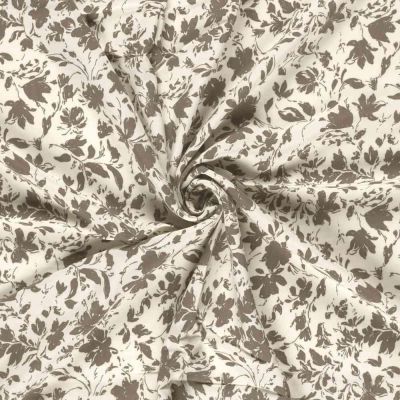 Tissu Popeline de Bambou Célestine motif floral Marron sur fond Ecru - Par 10 cm