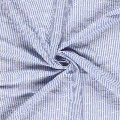 Tissu Popeline de Coton  Brodé petites fleurs rayures Blanc sur fond Bleu ciel - Par 10 cm