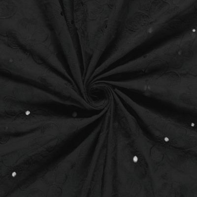 Tissu Coton brodé ajouré Adèle fleuri sur fond Noir - Par 10 cm