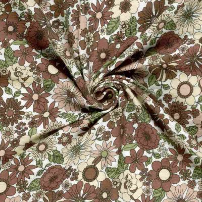 Tissu Double gaze de Coton Fleurs marrons sur fond Ecru - Par 10 cm