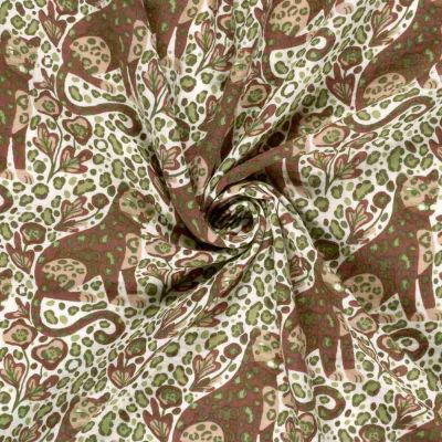 Tissu Double gaze de Coton Panthère marron et vert sur fond Ecru - Par 10 cm