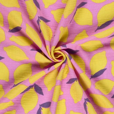 Tissu Double gaze de Coton Lemon jaune sur fond Rose - Par 10 cm