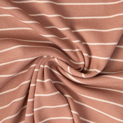 Tissu Jersey Coton Bord côte Sia rayures Ecru sur fond Camel - Par 10 cm