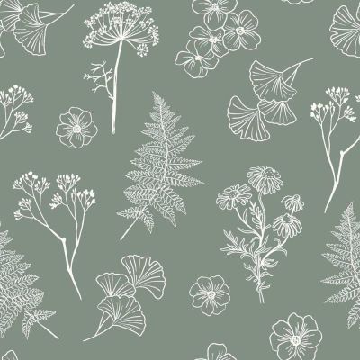 Tissu Popeline de Coton Herbier Sauge sur fond Vert - Par 10 cm