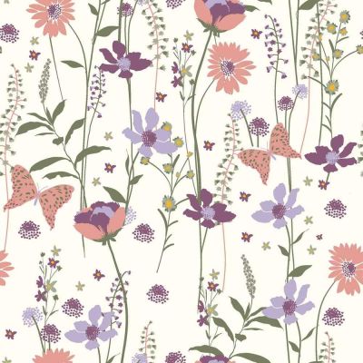 Tissu Popeline de Coton Fleur de Prairie sur fond Ecru - Par 10 cm