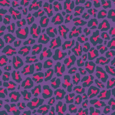 Tissu Popeline de Coton Léo Pop tacheté Léopard fuschia et bleu marine sur fond Violet - Par 10 cm