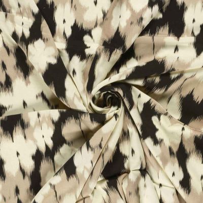 Tissu Viscose Satiné Floral abstrait Ecru et Taupe sable sur fond Noir - Par 10 cm