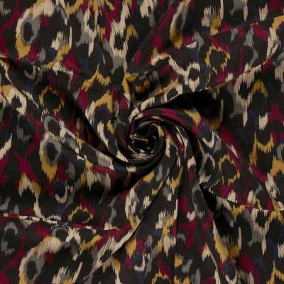 Tissu Viscose Satiné Léopard abstrait Bordeaux et Jaune moutarde sur fond Noir - Par 10 cm