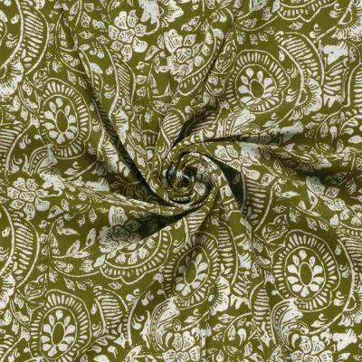 Tissu Crêpe de Viscose Noura ethnique végétal sur fond Vert kaki - Par 10 cm