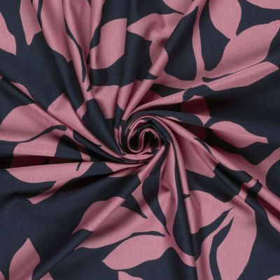 Tissu Jersey Milano Polyviscose grandes fleurs Rose sur fond Bleu nuit - Par 10 cm