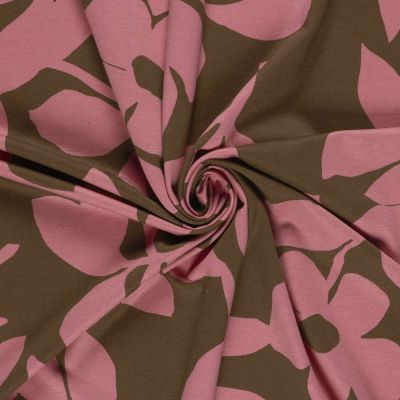 Tissu Jersey Milano Polyviscose grandes fleurs Rose sur fond Vert kaki foncé - Par 10 cm