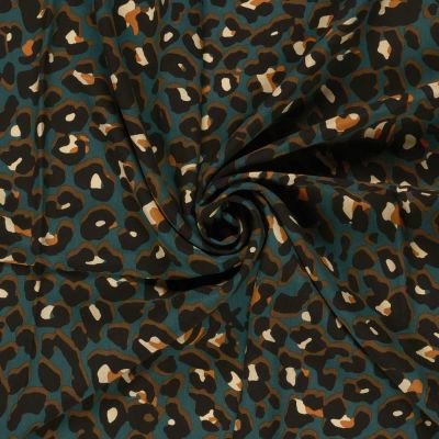 Tissu Popeline de Viscose Zahia léopard Noir sur fond Bleu canard - Par 10 cm
