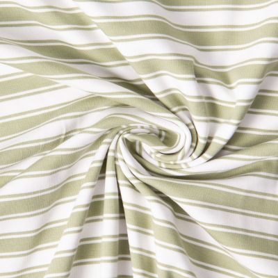 Tissu Jersey Coton imprimé Nina rayures Olive sur fond Blanc - Par 10 cm
