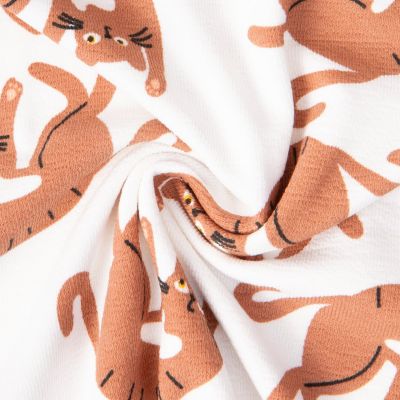 Tissu Jersey French terry Crêpe Nino happy cats sur fond Blanc - Par 10 cm
