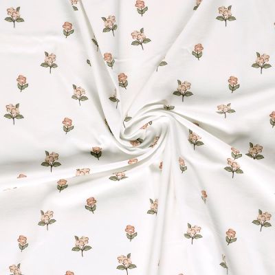 Tissu Jersey Coton imprimé Alix fleurs délicates sur fond Blanc cassé - Par 10 cm