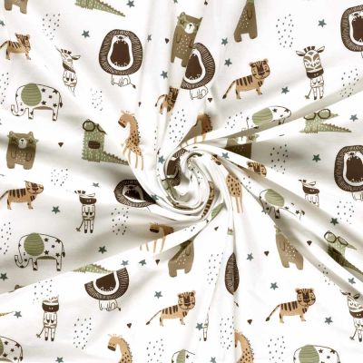 Tissu Jersey Coton imprimé Nina happy jungle sur fond Blanc cassé - Par 10 cm