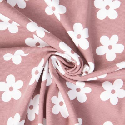 Tissu Jersey Coton Lola fleurs Blanc sur fond Violine - Par 10 cm