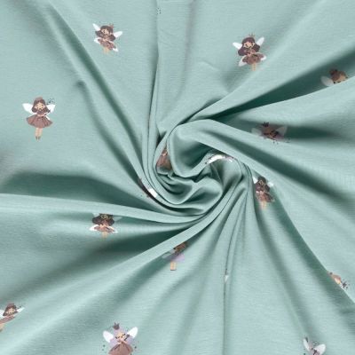 Tissu Jersey Coton imprimé Petites fées sur fond Bleu ciel - Par 10 cm