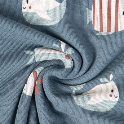 Tissu Jersey French terry Crêpe Némo happy fish sur fond Bleu indigo - Par 10 cm