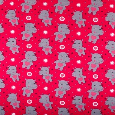 Tissu Jersey Coton Hippopotames Gris sur fond Fuschia - Par 10 cm