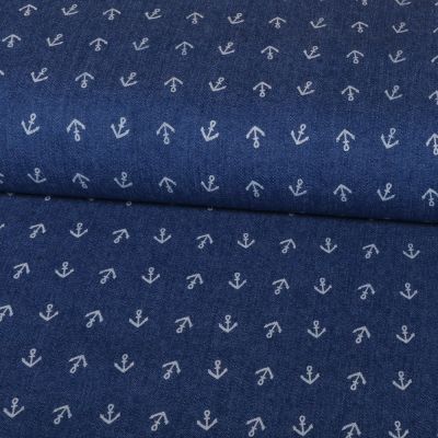 Tissu Chambray Ancres Blanches sur fond Bleu jean - Par 10 cm