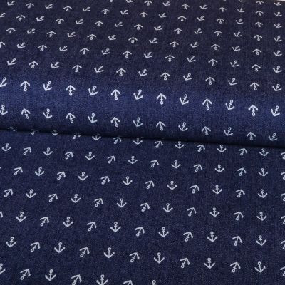 Tissu Chambray Ancres Blanches sur fond Bleu jean foncé - Par 10 cm