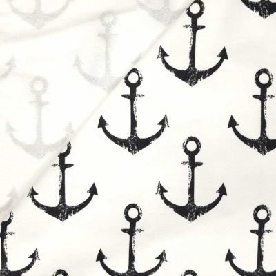 Tissu Jersey Coton Blanc Ancres bleu marine - Par 10 cm