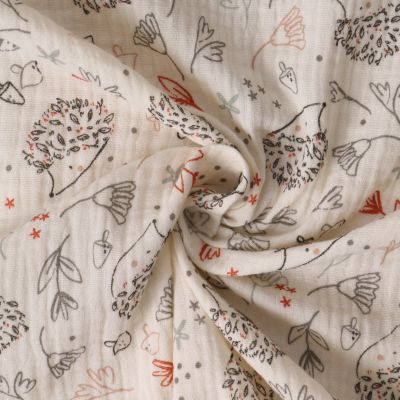 Tissu Double gaze de Coton Anatole hérissons Noirs sur fond Ecru - Par 10 cm