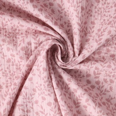 Tissu Double gaze de Coton Aénor fleurs Roses sur fond Rose poudré - Par 10 cm