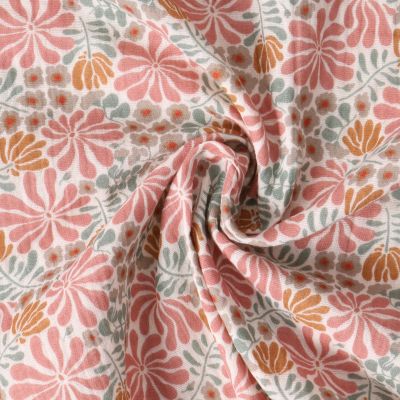 Tissu Double gaze de Coton Eulalie fleurs Rose poudré sur fond Blanc - Par 10 cm