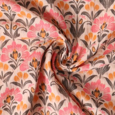 Tissu Double gaze de Coton Capucine fleurs Roses sur fond Beige - Par 10 cm