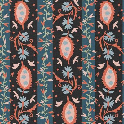 Tissu Coton imprimé Celestina fleurs Corail sur fond Noir - Par 10 cm