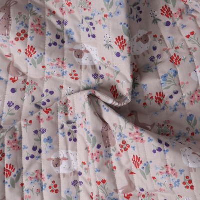 Tissu Matelassé Coton réversible  La Prairie Enchanté sur fond Vieux rose - Par 10 cm