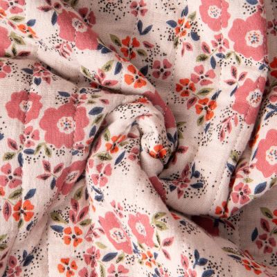 Tissu Matelassé Double gaze réversible Rosalie fleurs Roses sur fond Beige - Par 10 cm