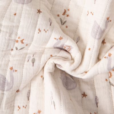 Tissu Matelassé Double gaze réversible Luna cygnes Gris lavande sur fond Blanc cassé - Par 10 cm