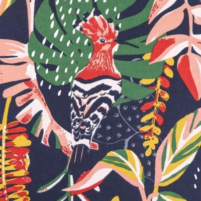 Tissu Toile Coton Huppe et décor tropical multicolores sur fond Marine - Par 10 cm