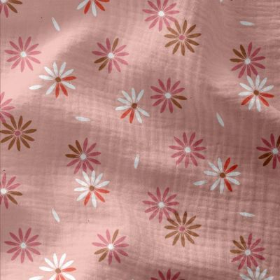Tissu Double gaze imprimé Ada rose sur fond Rose blush - Par 10 cm
