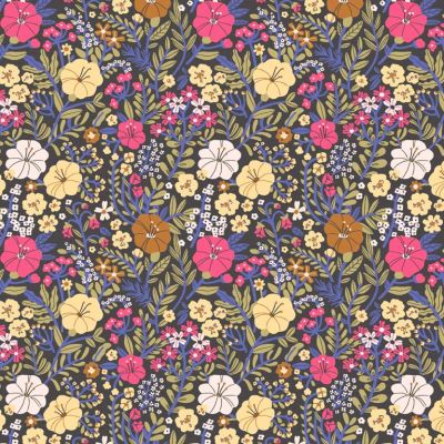Tissu Popeline de Coton Blossom sur fond Noir - Par 10 cm