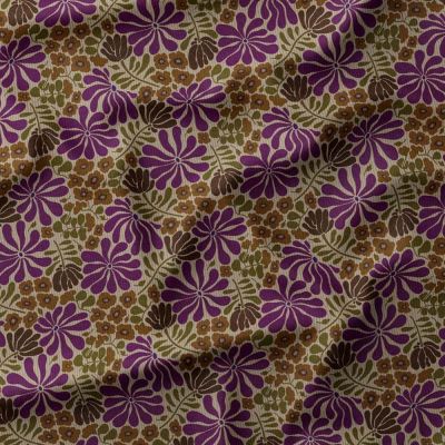 Tissu Velours milleraies imprimé Bomini fleuris violine sur fond Beige - Par 10 cm