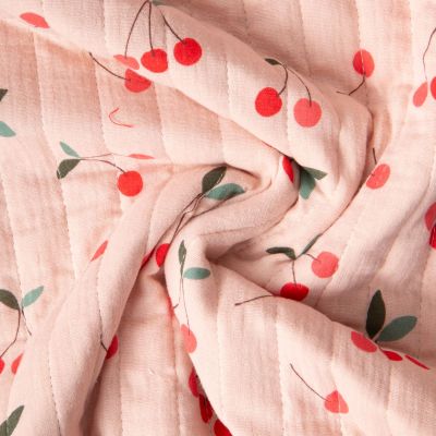 Tissu Double gaze de Coton Matelassé Cerises réversible Seersucker rayé sur fond Pêche - Par 10 cm