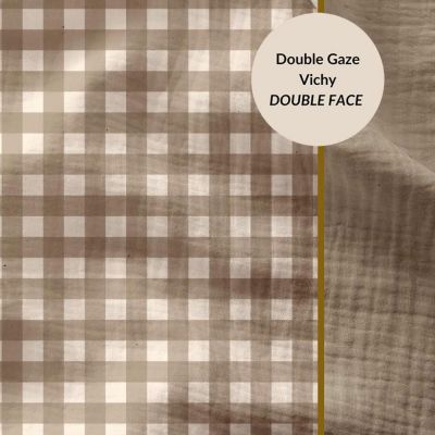 Tissu Double gaze Carreaux Vichy Taupe - Par 10 cm